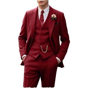 Men's Burgundy 3 Piece Slim Fit Herringbone Suit Groom Tuxedo Wedding Set